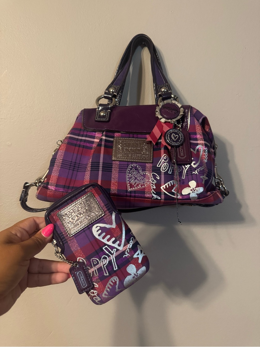 Coach Poppy Plaid Shoulder Bag in Purple and Pink and Mini Poppy Set
